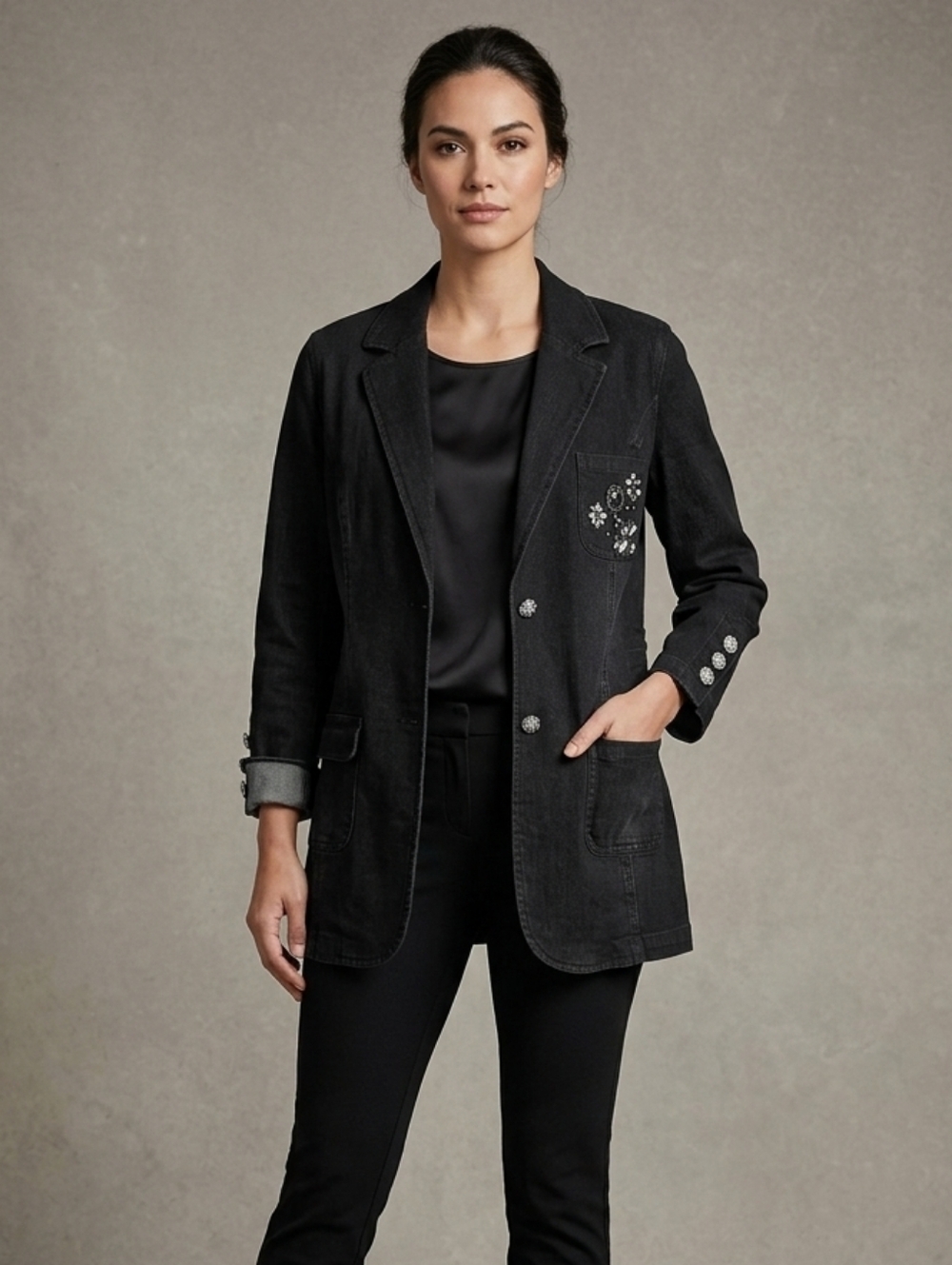DG2 Black Long Jewelled DENIM Jean Jacket Stretch